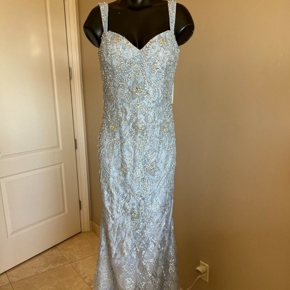 MAC DUGGAL LACE BEADED W/BOLERO JACKET PALE BLUE GOWN sz 10 - Picture 1 of 10